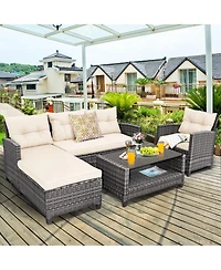 4 Pieces Patio Rattan Sofa Furniture Set with Cushion and 2-Tier Coffee Table