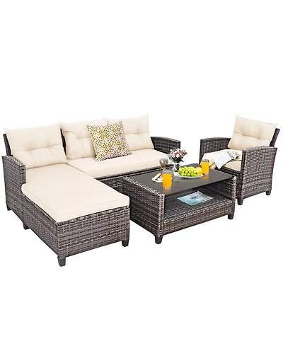 4 Pieces Patio Rattan Sofa Furniture Set with Cushion and 2-Tier Coffee Table