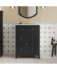 Sillysis 24" Bathroom Vanity with Ceramic Basin, Modern Cabinet with 2 Drawers, Soft-Closing Door & Adjustable Shelf for Small Bathrooms