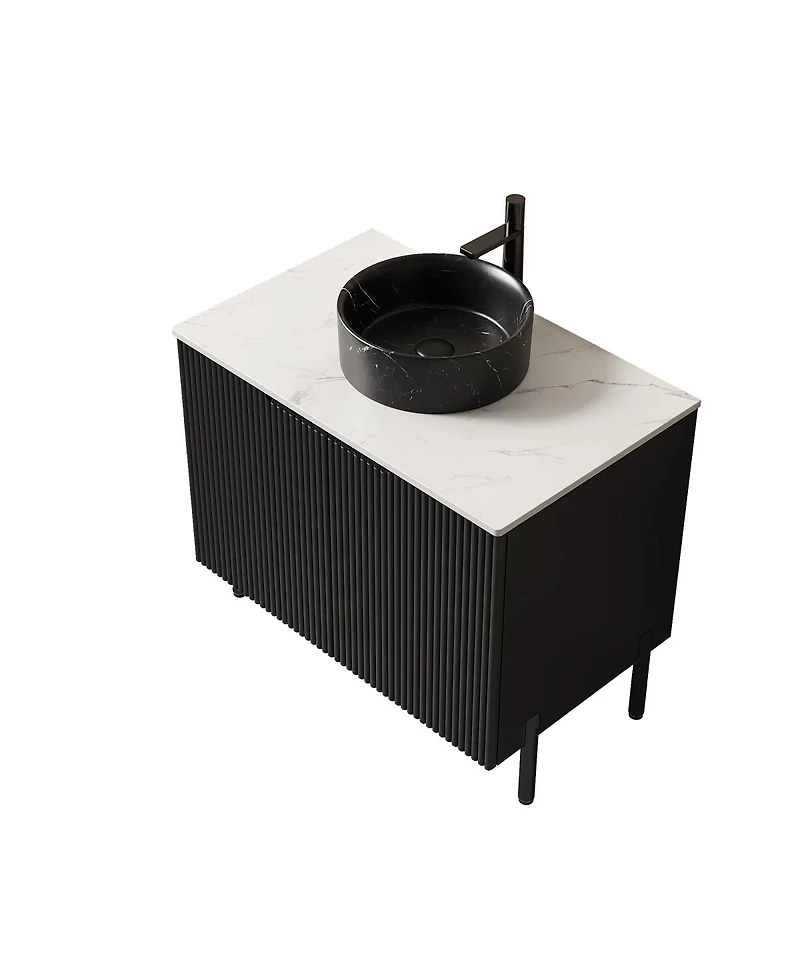 Sillysis 30" Bathroom Vanity with Round Ceramic Sink, Carrara Stone Countertop, 2 Soft Close Doors, Modern Freestanding Storage