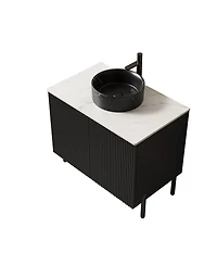 Sillysis 30" Bathroom Vanity with Round Ceramic Sink, Carrara Stone Countertop, 2 Soft Close Doors, Modern Freestanding Storage