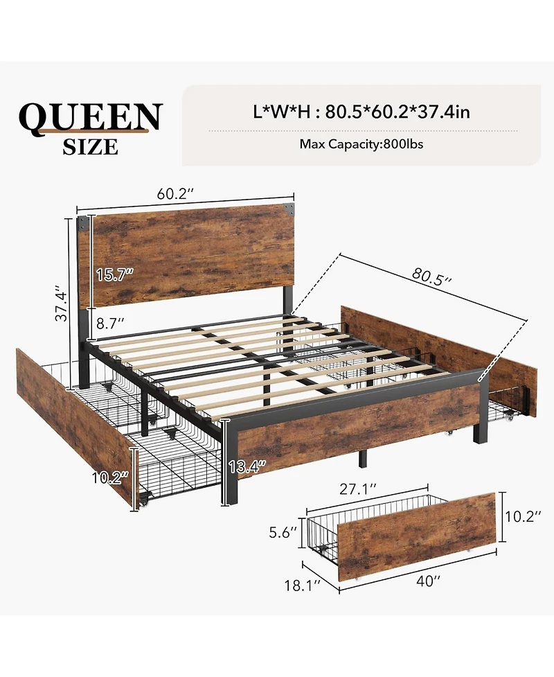 gaomon Queen Bed Frame with 4 Storage Drawers, Metal Support Platform Wooden Headboard and Footboard, No Box Spring Needed