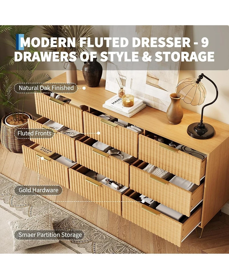 gaomon Takywep Fluted 9-Drawer Dresser for Bedroom, 63" Wide Modern Minimalist Chest of Wooden Drawers,Wide Clothes Storage Organizer