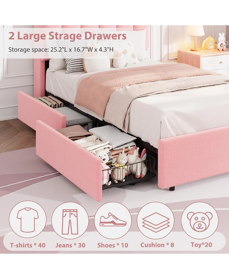 gaomon Led Bed Frame with Storage Headboard, Kids Bed Frame with 2 Drawers, Boucle Upholstered Platform Bed for Girls