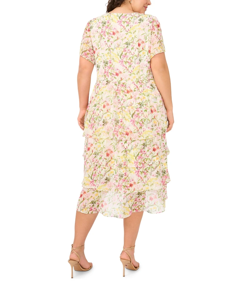 Vince Camuto Plus Twist-Front Flutter-Sleeve Tiered Midi Dress