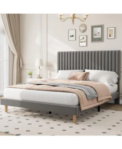 Gaomon Bed Frame With Adjustable Headboard Velvet Upholstered Platform Bed Frame Vertical Channel Tufted Strong Wooden Slats