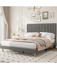 Gaomon Bed Frame With Adjustable Headboard Velvet Upholstered Platform Bed Frame Vertical Channel Tufted Strong Wooden Slats