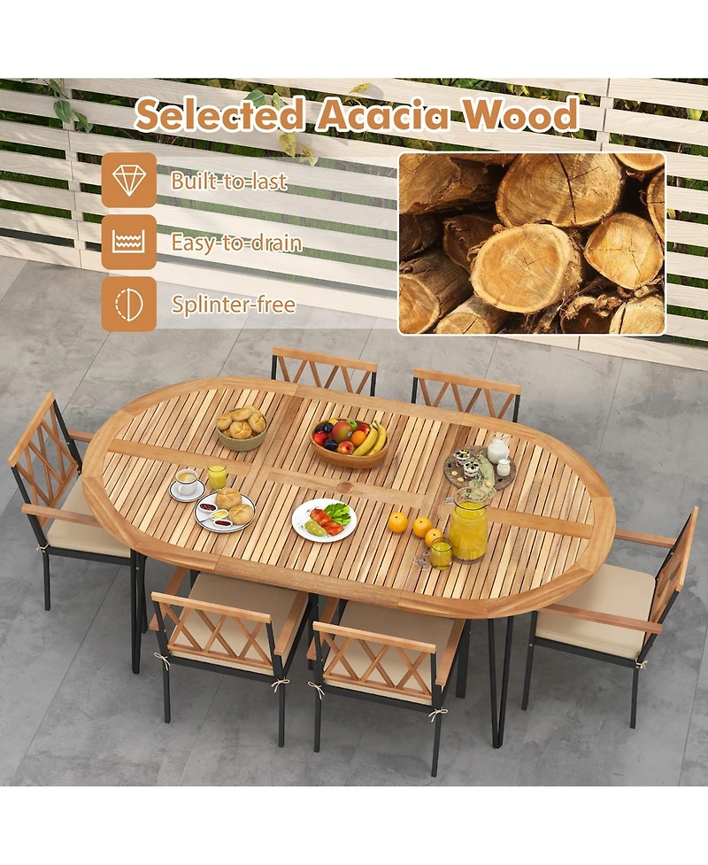 Gymax 9 Pcs Patio Dining Set Table w/ Acacia Wood Top & Umbrella Hole Metal Frame