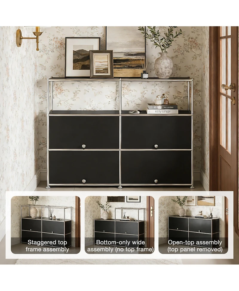 Mega Casa Multi-Purpose Storage Cabinet with Double Drawers and Open Display Shelf, Modern Metal Frame Console for Entryway or Living Room
