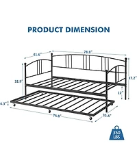 gaomon Daybed with Trundle, Metal Twin Size Daybed with Pullout Trundle 6 Casters, Steel Slat Support Sofa Bed for Living Room, Bedroom