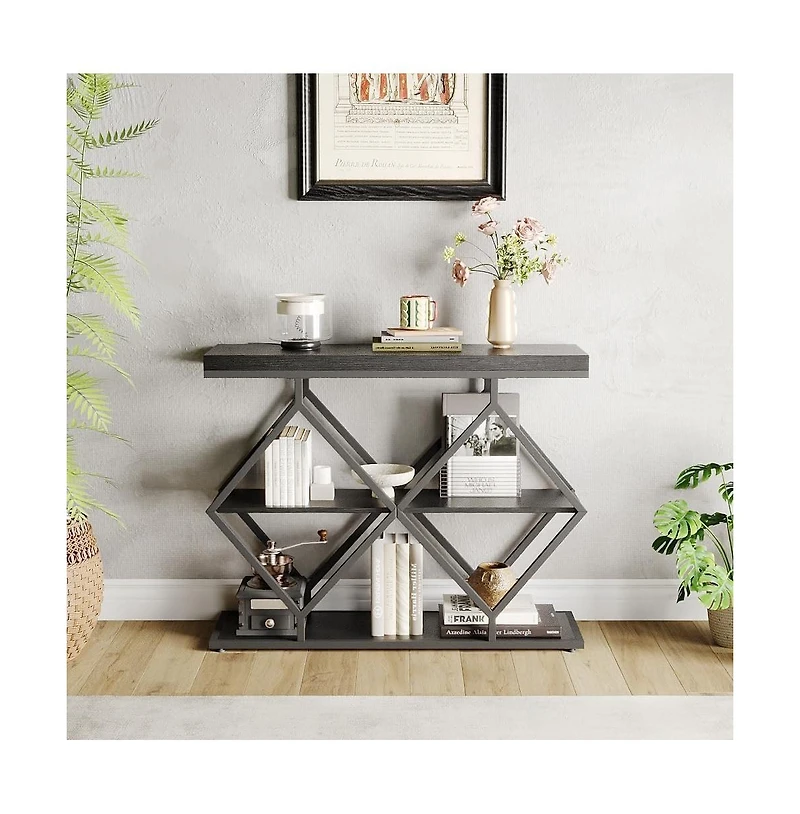 gaomon 3-Tier Narrow Farmhouse Console Table for Living Room – Entryway Accent Furniture with Storage Shelves, Geometric Metal Legs, Easy Assembly