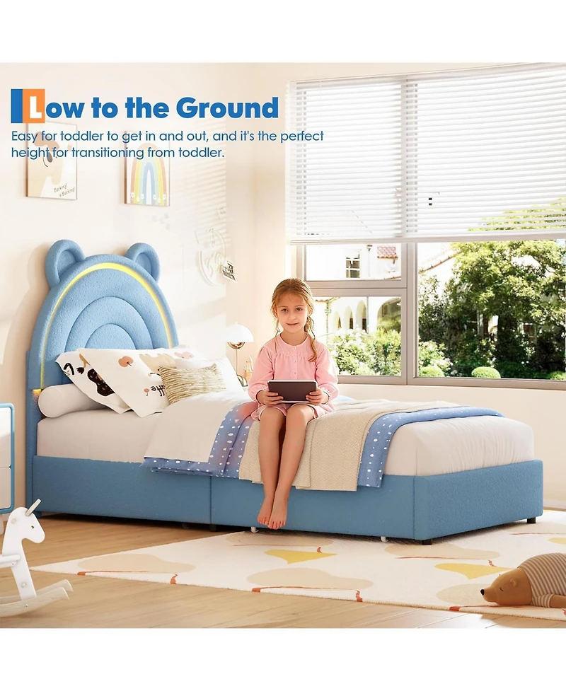 gaomon Bed Frame with 4 Storage Drawers & Led Lights, Velvet Upholstered Platform Bed with Rainbow Headboard for Kids/Boys