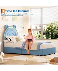 gaomon Bed Frame with 4 Storage Drawers & Led Lights, Velvet Upholstered Platform Bed with Rainbow Headboard for Kids/Boys