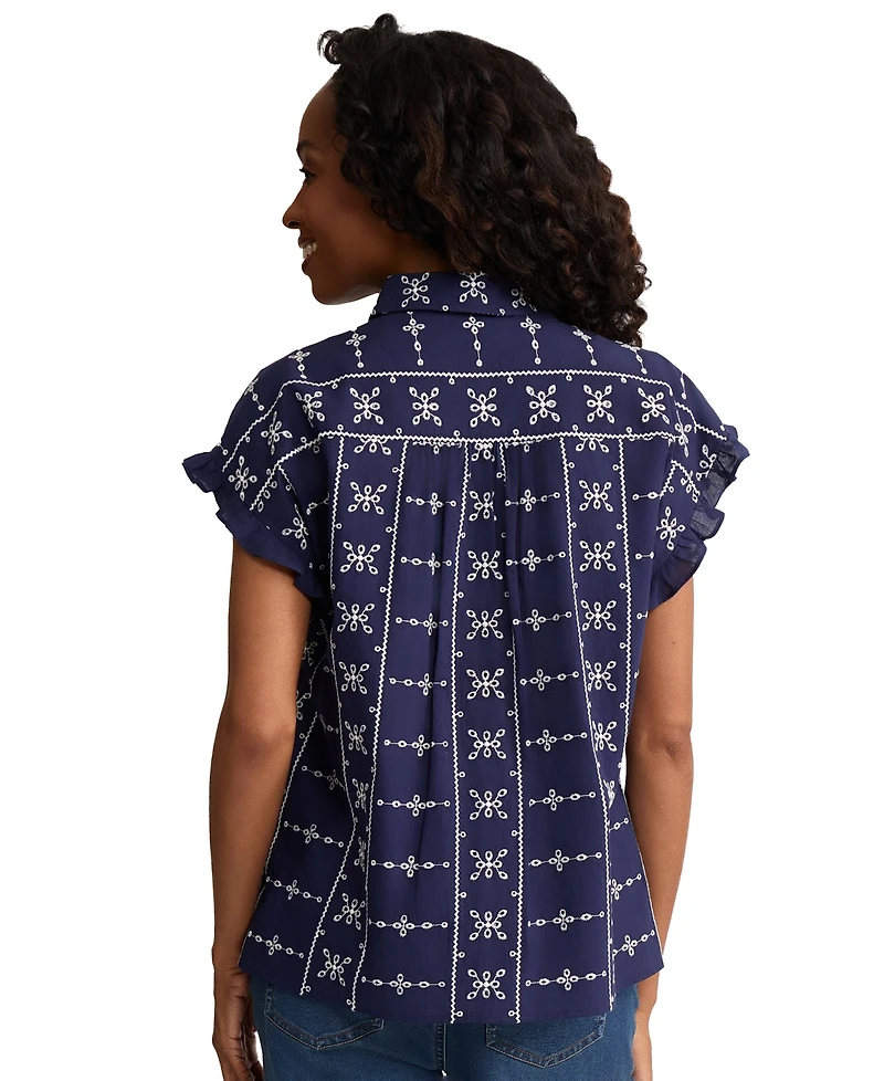 Jones New York Petite Collared Button Front Flutter Short-Sleeve Top