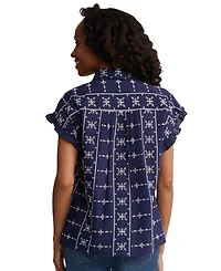 Jones New York Petite Collared Button Front Flutter Short-Sleeve Top