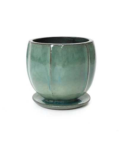 LuxenHome Glossy Gradient Teal Ceramic Planter, 10-Inch Tall Ridged Container with Connected Tray