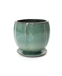 LuxenHome Glossy Gradient Teal Ceramic Planter, 10-Inch Tall Ridged Container with Connected Tray