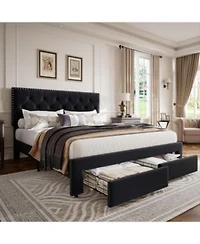 Gaomon Bed Frame With 2 Storage Drawers Vintage Velvet Headboard Bedframe With Upholstered Platform Wooden Slat Support Noise Free