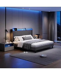 gaomon Bed Frame with Led Lights and Charging Station, Fabric Upholstered Platform Bed Frame with Headboard