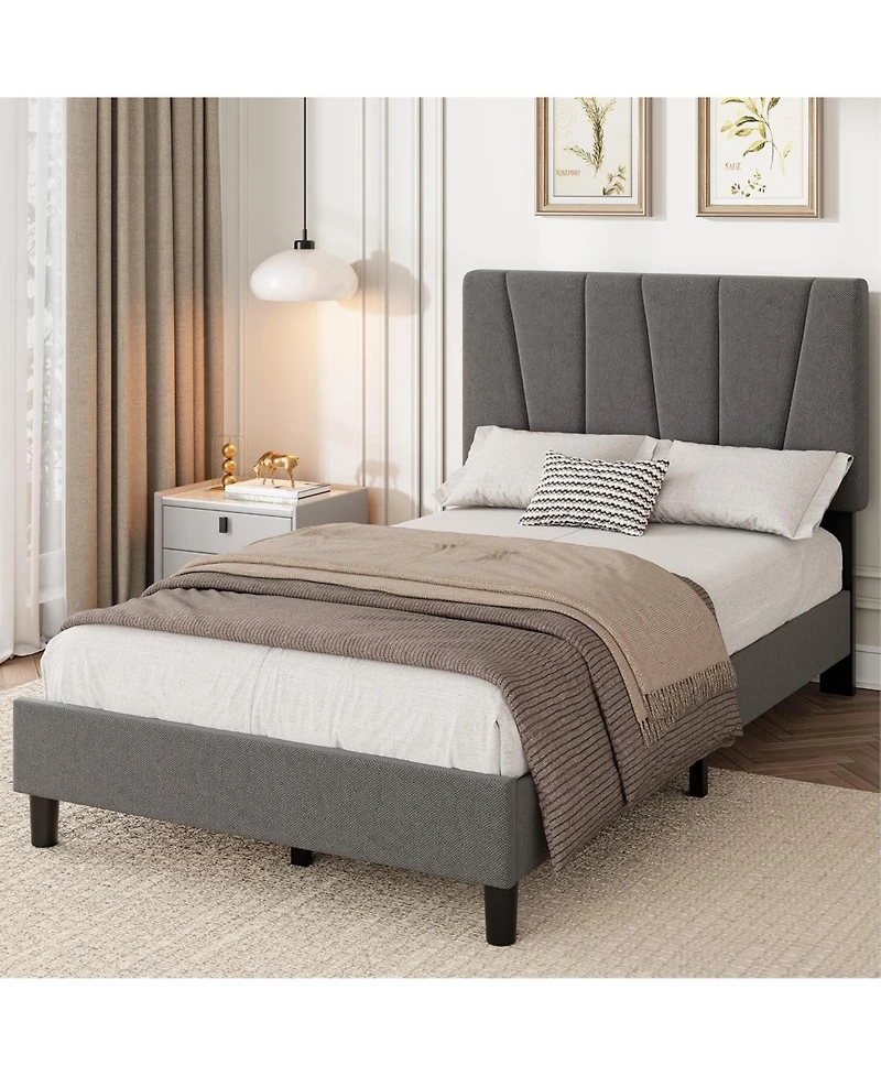 gaomon Platform Bed Frame for Kids, Linen Upholstered Headboard & Wooden Slats Support