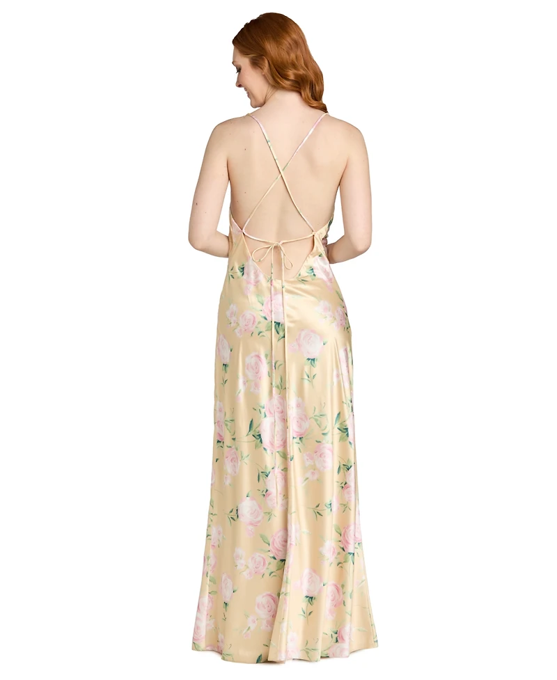 Morgan & Company Juniors' Floral Printed Cowl Neck Long Gown