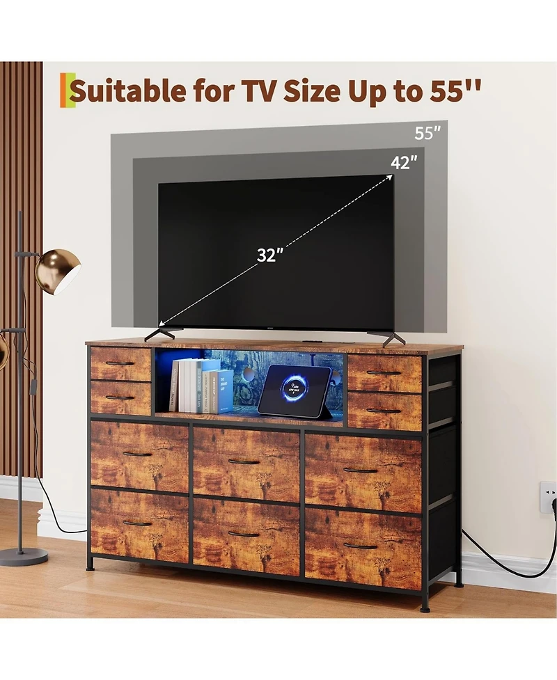 gaomon 10 Fabric Drawers Dresser with Led Lights, Entertainment Center with Charging Station, Wood Top, Open Shelves, Tv Stand for 40"-55" T