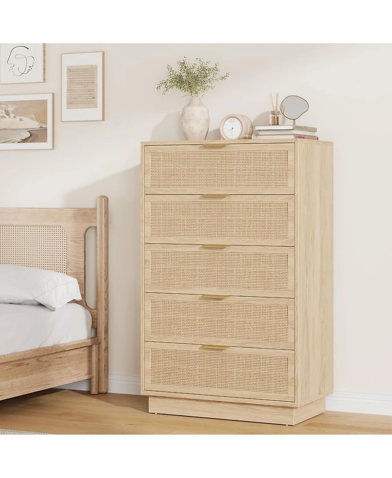 gaomon 5 Drawer Rattan Dresser for Bedroom, Integrated Cabinet Body & Legs Design Entryways and Closet, Easy Assembly