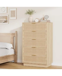 gaomon 5 Drawer Rattan Dresser for Bedroom, Integrated Cabinet Body & Legs Design Entryways and Closet, Easy Assembly