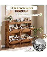 gaomon 2PCS Of Shoe Cabinet with 4 Deep Flip Drawers Base Freestanding Wooden Shoe Storage Cabinet with Rattan Door and 3-Tier Adjustable Shelves