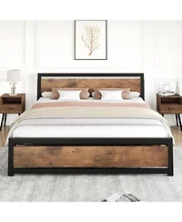 Gaomon Bed Frame Industrial Bed Platform With Headboard Easy Assemble Mattress Bedframe In Retro Brown No Box Spring Needed