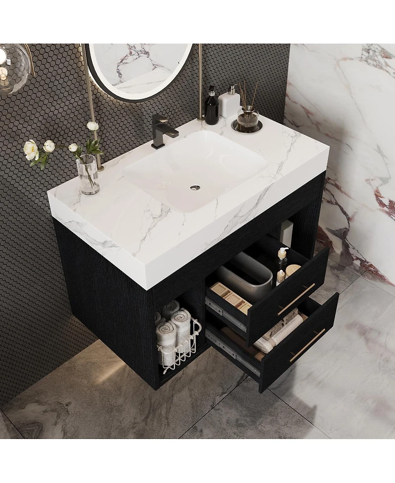 Sillysis 29.9" Floating Bathroom Vanity with Ceramic Sink, Sintered Stone Top, 2 Soft Close Drawers