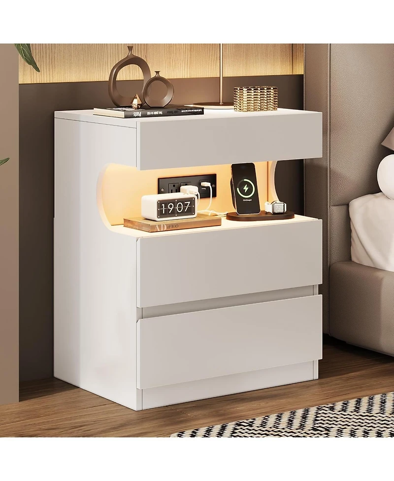 gaomon Nightstand with App-Controlled Led Light, Modern Bedside Table with Charging Station, 3 Drawer End Table with Usb Ports & Outlets