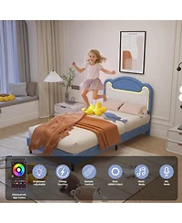 gaomon Upholstered Bed Frame with Led Lights & Fabric Headboard, Princess Platform for Girls Wood Slats, No Box Spring Needed