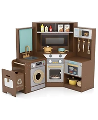 Mecale Corner Kitchen Toys with Lights & Sounds, Pull-Out Trash Can Stove for Kids