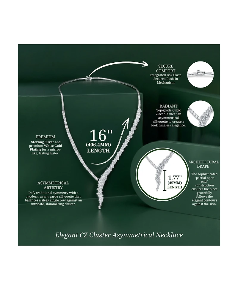 Genevive Sterling Silver White Gold Plated with Clear Round Cubic Zirconia Cluster Necklace