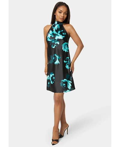 Bebe Women's Printed Satin Mock Neck Dress with Bow Back