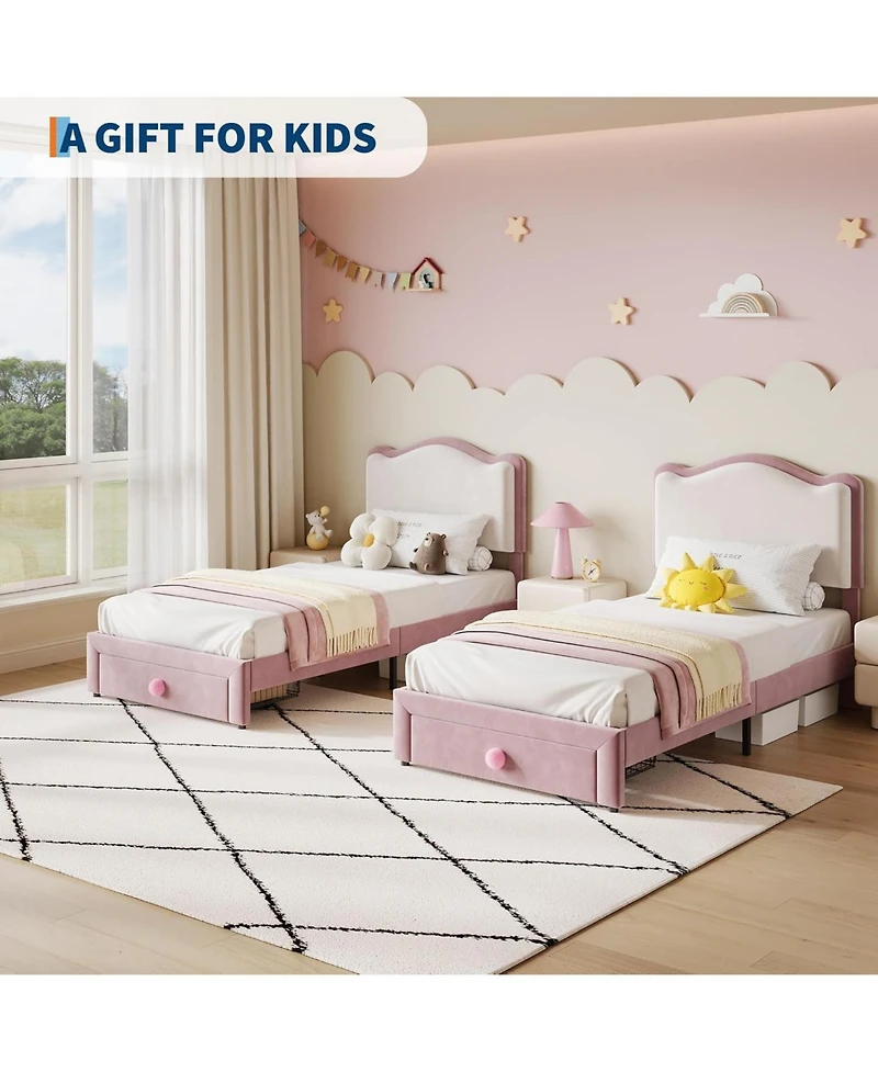 gaomon Upholstered Twin Bed Frame with Storage Drawer & Scallop Headboard, Princess Platform Frames
