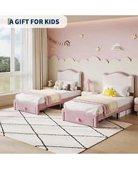 gaomon Upholstered Twin Bed Frame with Storage Drawer & Scallop Headboard, Princess Platform Frames