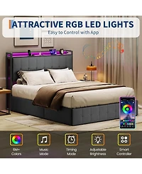 gaomon Bed Frame with Lift Up Storage, Upholstered Velvet Bed with Led Lights & Power Outlets, Hydraulic Support