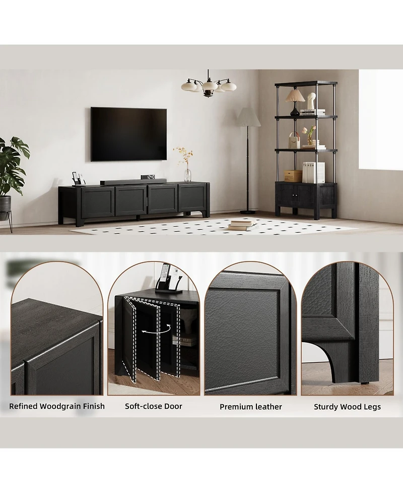 Sugift Modern Tv Media Console with Leather-Wrapped Doors and Cabinet Storage