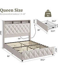 gaomon Pu Leather Upholstered Bed Frame with 4 Storage Drawers, Usb Charging Station & Led Lights