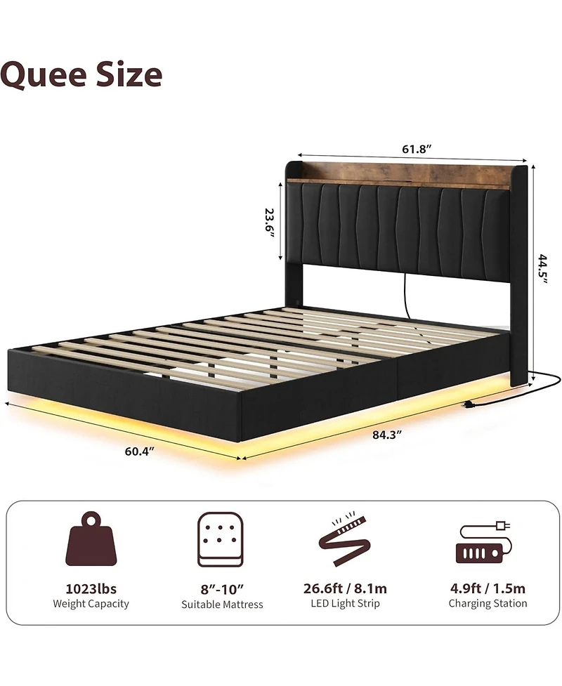 gaomon Floating Bed Frame with Led Lights & Charging Station Upholstered Platform Storage Headboard Wood Slats Support Easy to Assemble