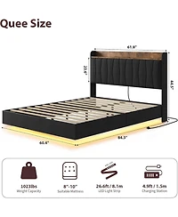 gaomon Floating Bed Frame with Led Lights & Charging Station Upholstered Platform Storage Headboard Wood Slats Support Easy to Assemble
