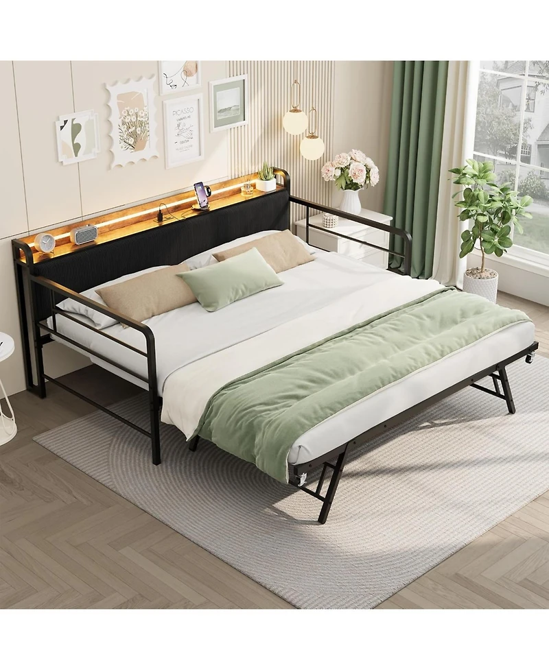 gaomon Daybed with Trundle and Led Light, Sturdy Metal Twin Bed Frame Corduroy Upholstered Headboard Charging Station, for Living Room