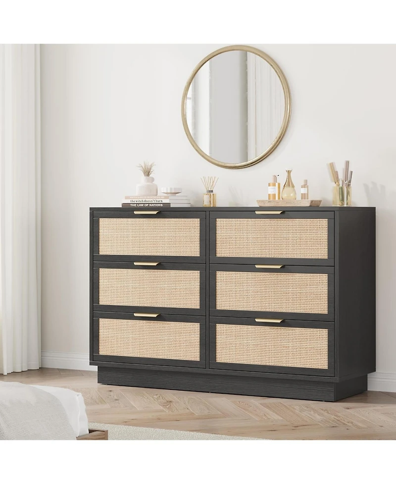 gaomon 6 Drawer Rattan Dresser for Bedroom, Integrated Cabinet Body & Legs Design, Wooden Chest of Drawers for Hallways, Entryways and Closet