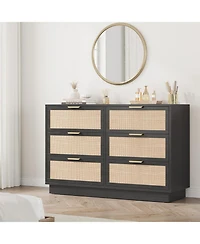 gaomon 6 Drawer Rattan Dresser for Bedroom, Integrated Cabinet Body & Legs Design, Wooden Chest of Drawers for Hallways, Entryways and Closet