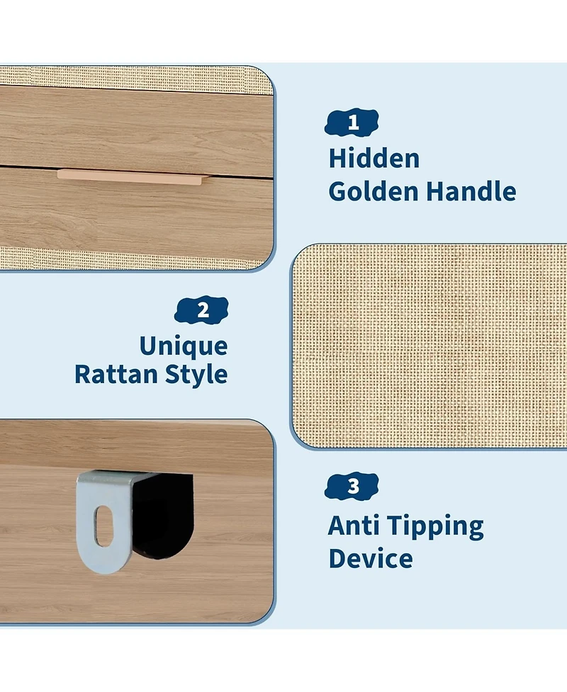 gaomon 46" Tall Rattan Dresser with 5 Drawers, Wooden Chest of Dresser for Bedroom, Large Metal Handles Boho Night Stand Storage