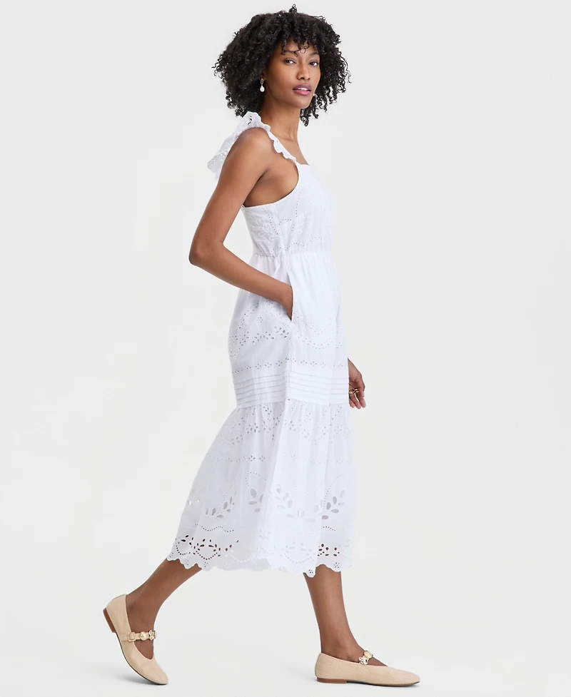 On 34th Women's Cotton Poplin Eyelet Pintucked Midi Dress, Macy's Exclusive
