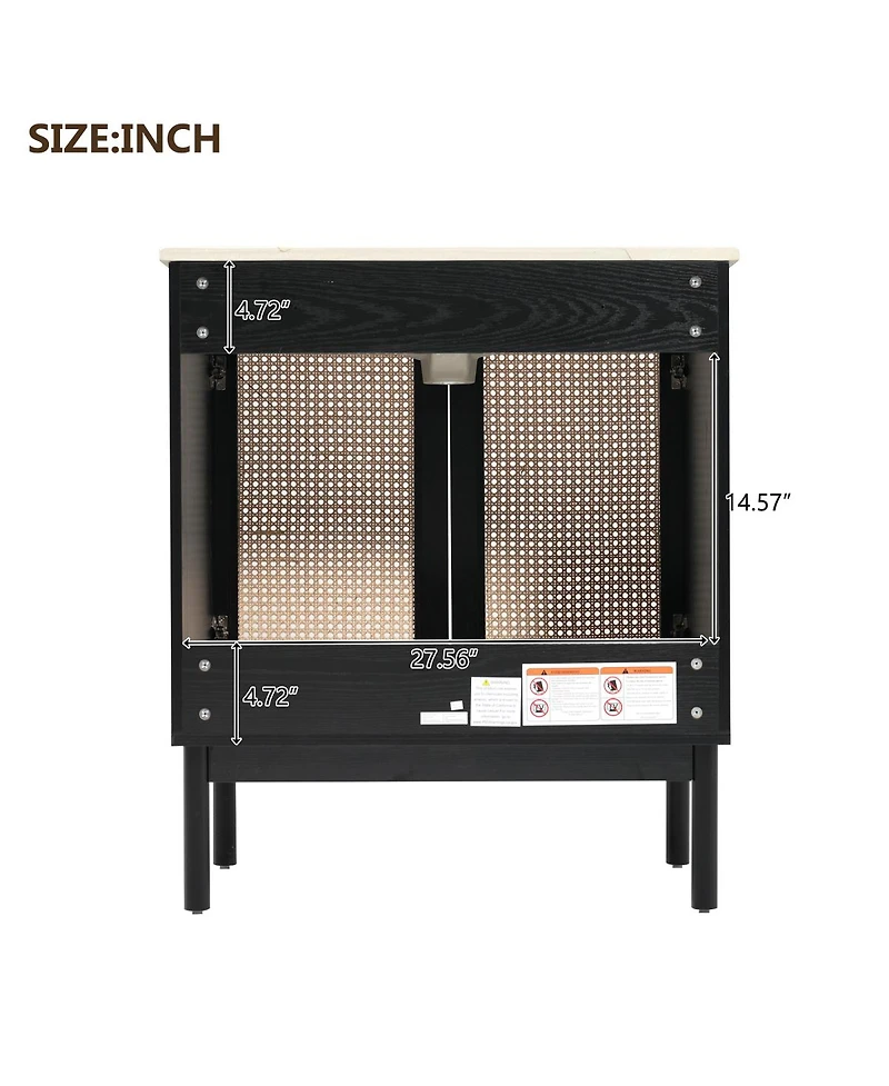 Sillysis Modern Bathroom Vanity with Ceramic Sink, Bamboo & Mdf, Soft Close Rattan Doors, Freestanding Storage Cabinet for Small Spaces