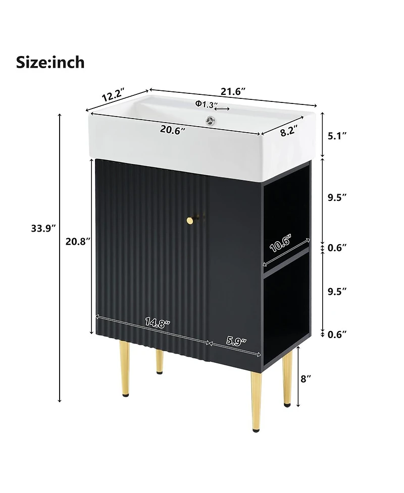 Sillysis 22" Modern Freestanding Bathroom Vanity with Ceramic Sink, Side Storage Cabinet, Soft Close Door for Small Spaces